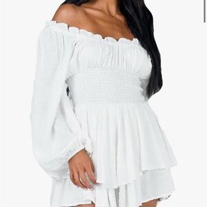 White Ruffled Off-Shoulder Jumpsuit with Long Bishop Sleeves